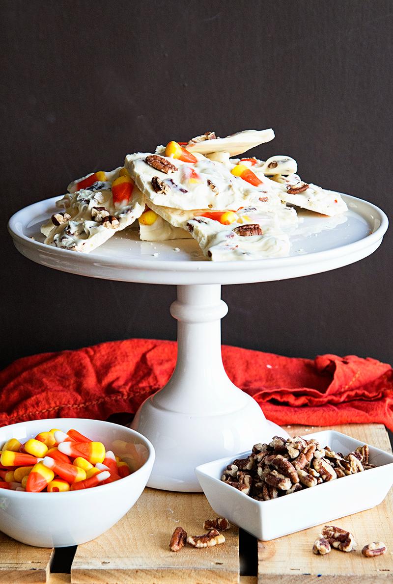 Pecan and Candy Corn White Chocolate Bark