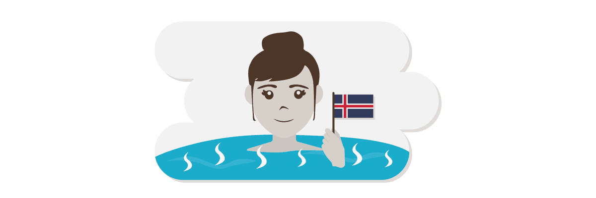 Woman in hot springs with Iceland flag